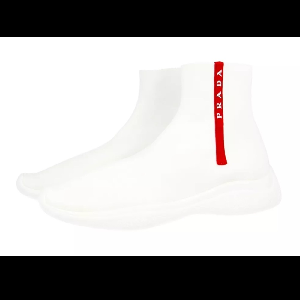 PRADA SOCK HIGH-TOP SNEAKERS SHOES WHITE LINEA ROSSA